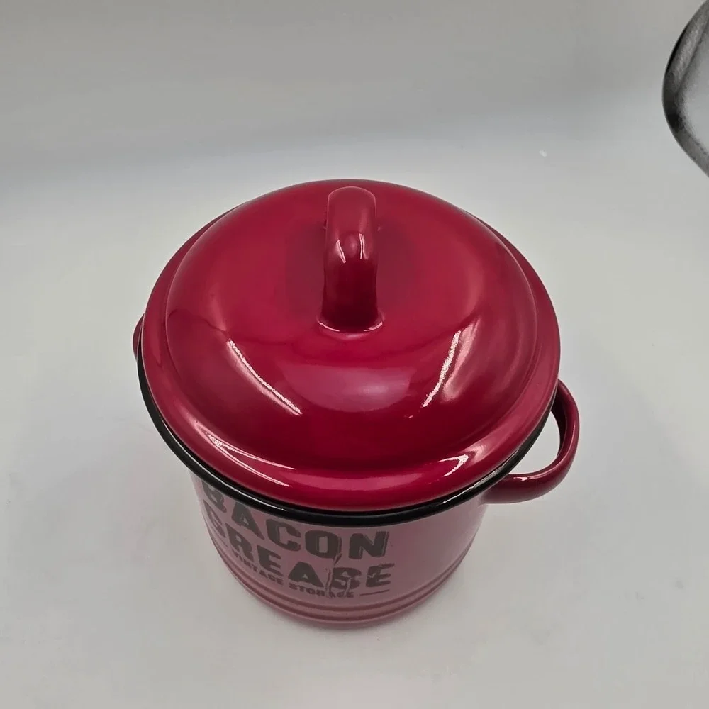 Red Enamelware Bacon Grease Vintage Storage Canister Lid Farmhouse Kitchen T3